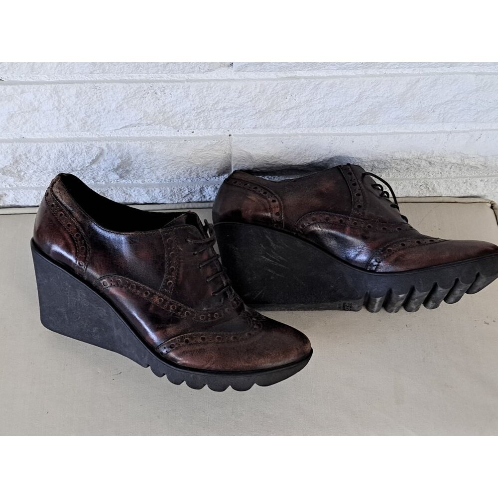 Sesto Meucci Women's 8.5 Wingtip Brown Leather Lace-Up Wedge Shoes Brogue - Picture 3 of 13